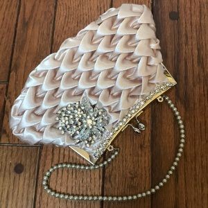 Bridal clutch with pearls, Vintage Satin Handbag